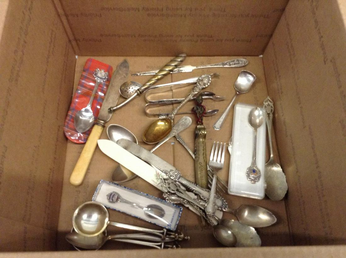 box of vintage silverware and letter openers and more: box of vintage silverware and letter openers and more
