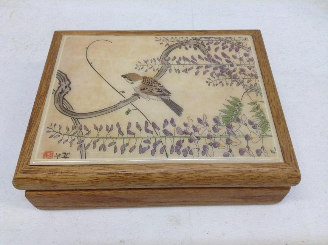 Wood & Painted Tile Japanese Jewelry Box 7"x5.5"x2.5": Wood & Painted Tile Japanese Jewelry Box 7"x5.5"x2.5"