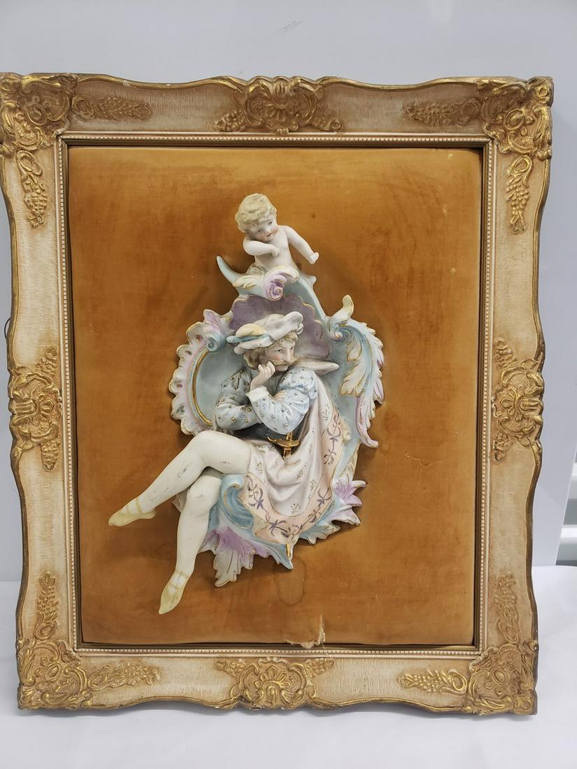Very unique early 3D porcelain artwork on vintage gold: Very unique early 3D porcelain artwork on vintage gold guilt frame