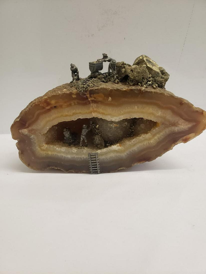 Antique Geode diorama with pewter miners: Antique Geode diorama with pewter miners