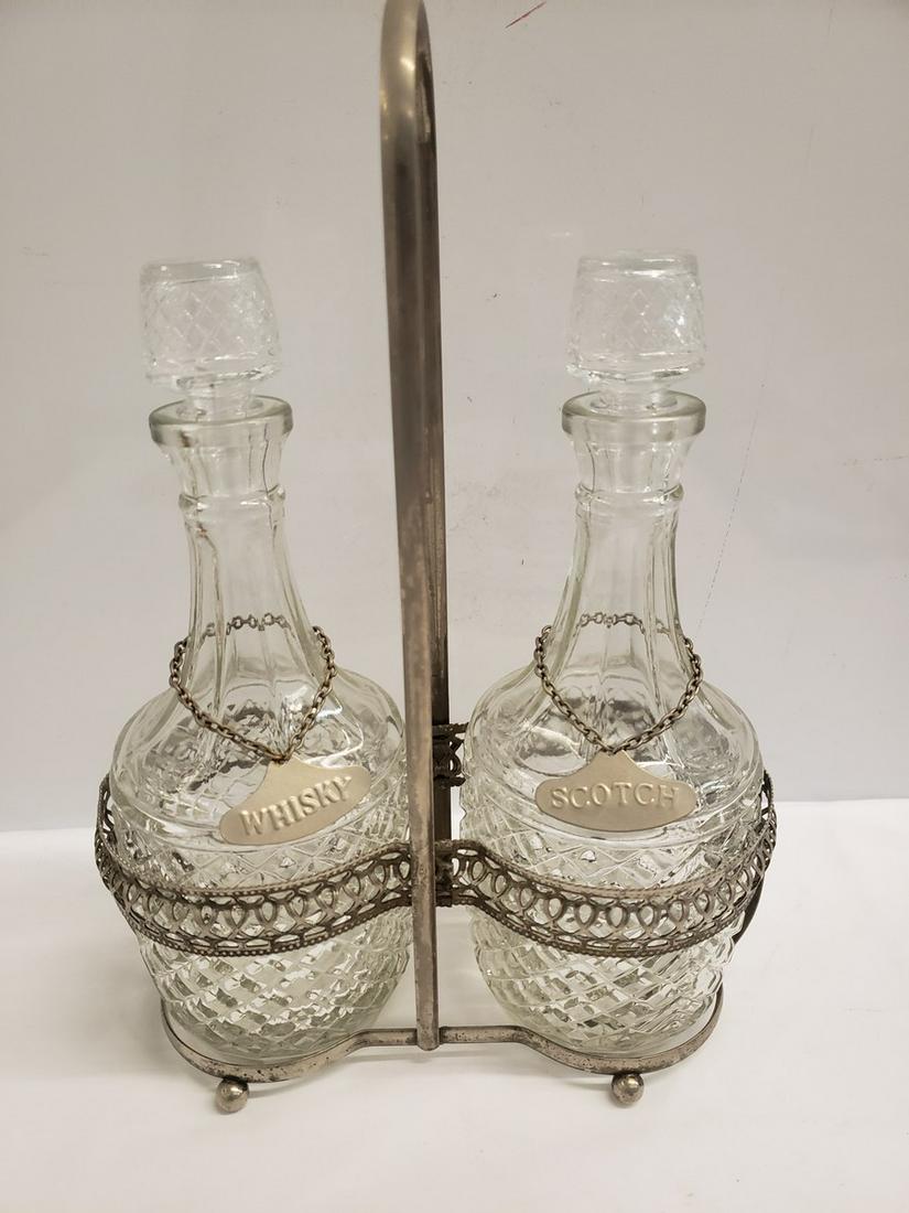 Antique Whisky and Scotch decanter bottles with holder (1 of 1)