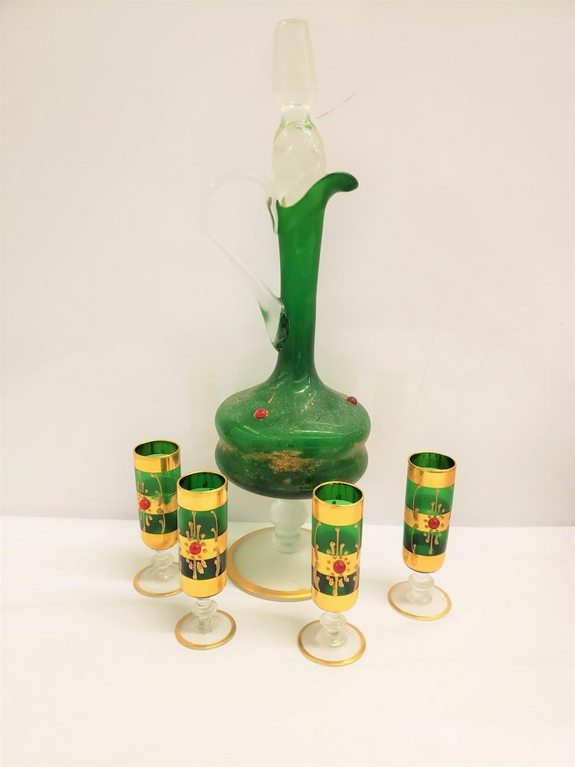 Venetian Green glass decanter w/Ruby Jewels and gold (1 of 1)