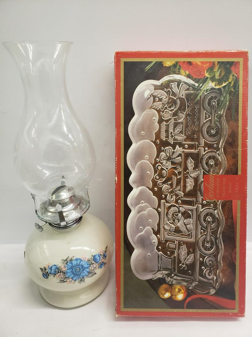 Gorham glass tray in box and White base oil lamp: Gorham glass tray in box and White base oil lamp