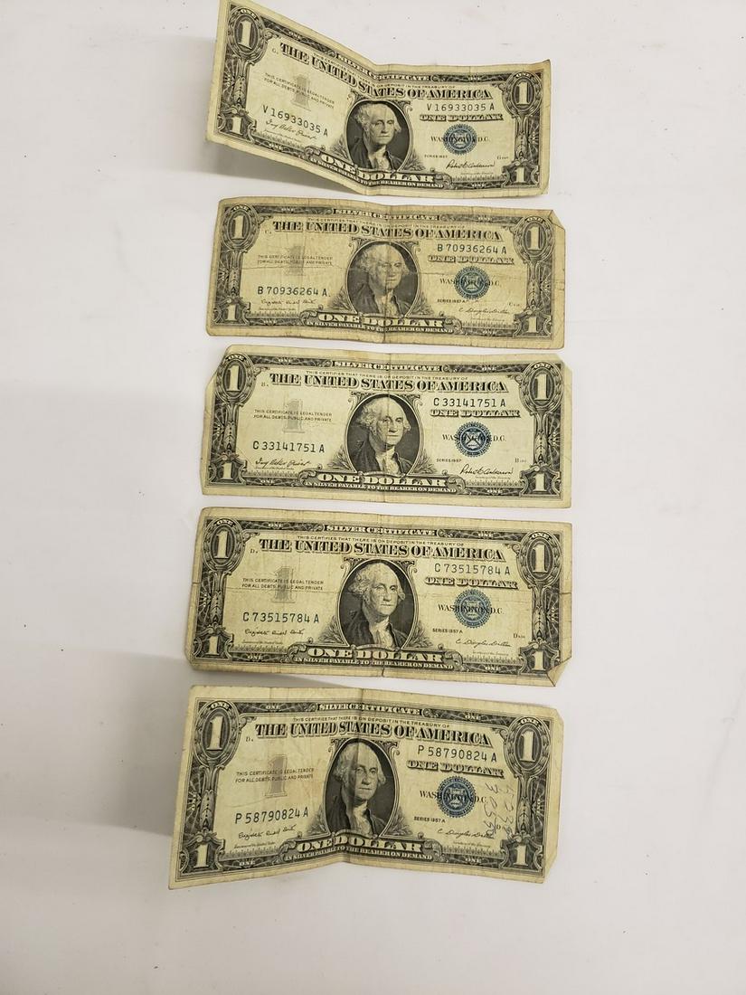 5 blue seal dollar certificates - 1957 and 1957a: 5 blue seal dollar certificates - 1957 and 1957a