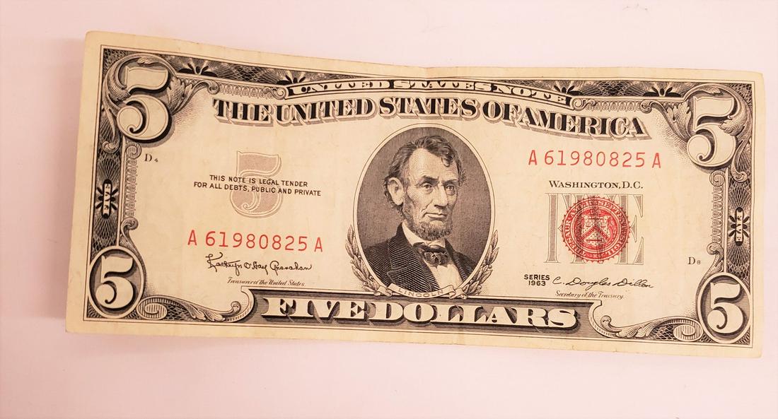 Red Seal $5 dollar certificate 1963 series: Red Seal $5 dollar certificate 1963 series