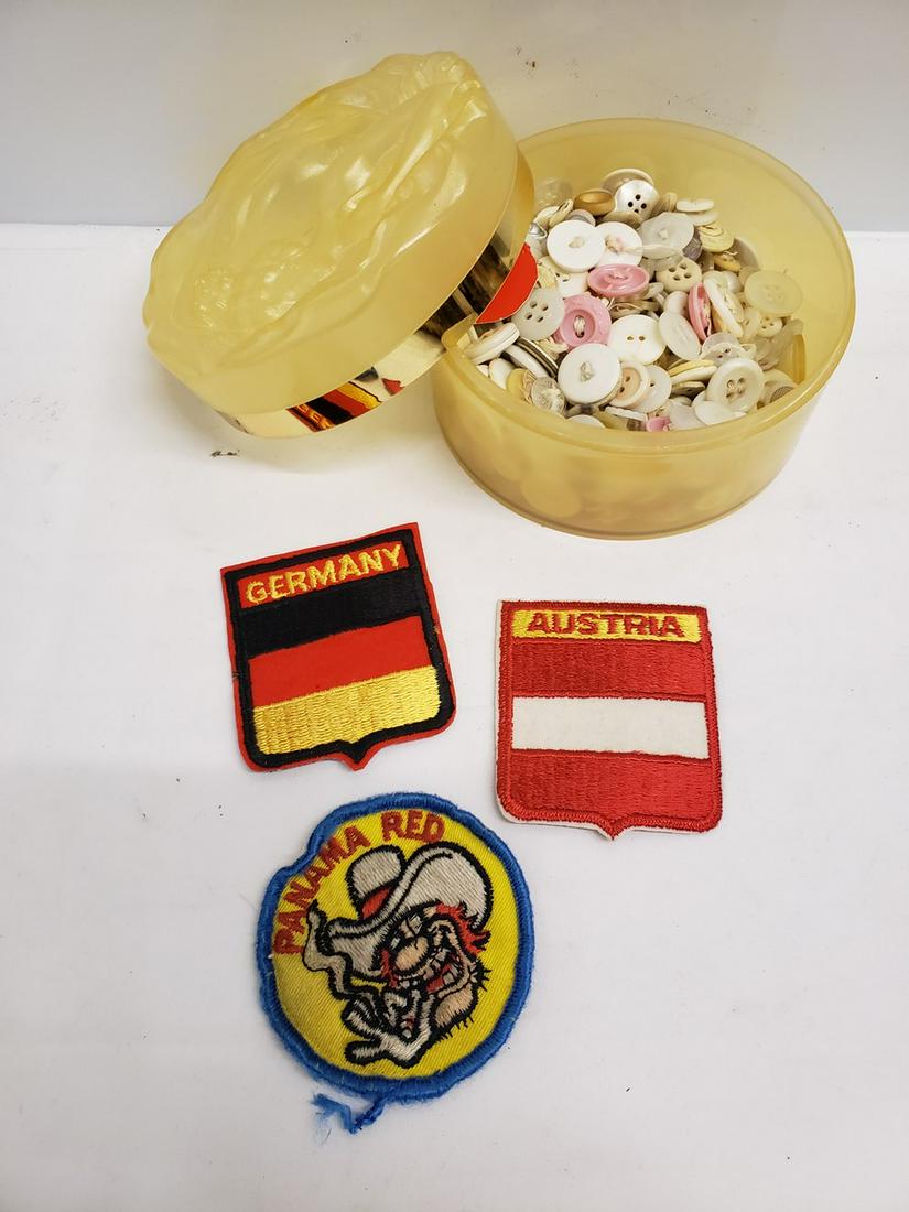 Antique box full of vintage buttons and patches: Antique box full of vintage buttons and patches