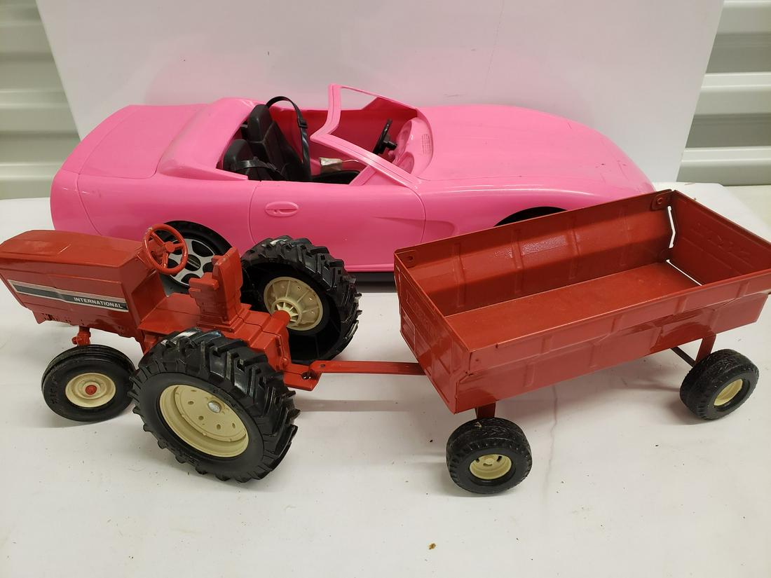 Barbie car and ERTL metal tractor and trailer (1 of 1)