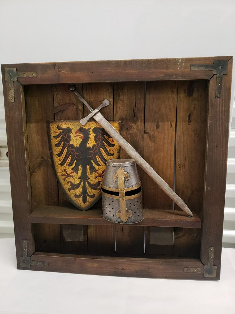 Unique 3d wooden framed knight helmet, sword, and (1 of 1)