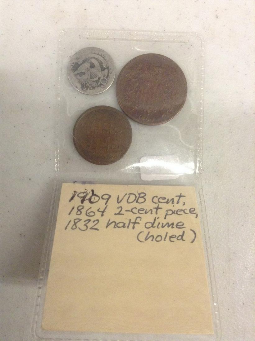 1909 VOB Cent, 1864 2-cent Piece, and 1832 Half Dime (1 of 1)