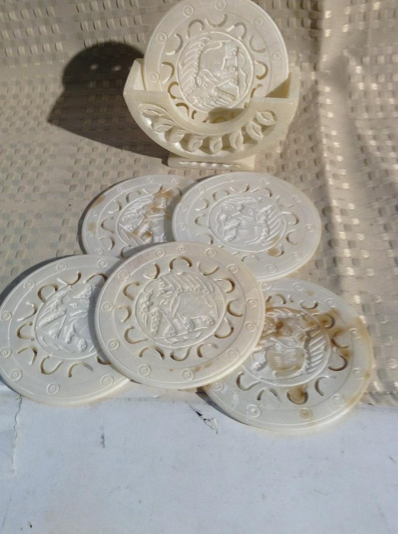 Vintage Soapstone Coaster with Carved Elephants: Vintage Soapstone Coaster with Carved Elephants