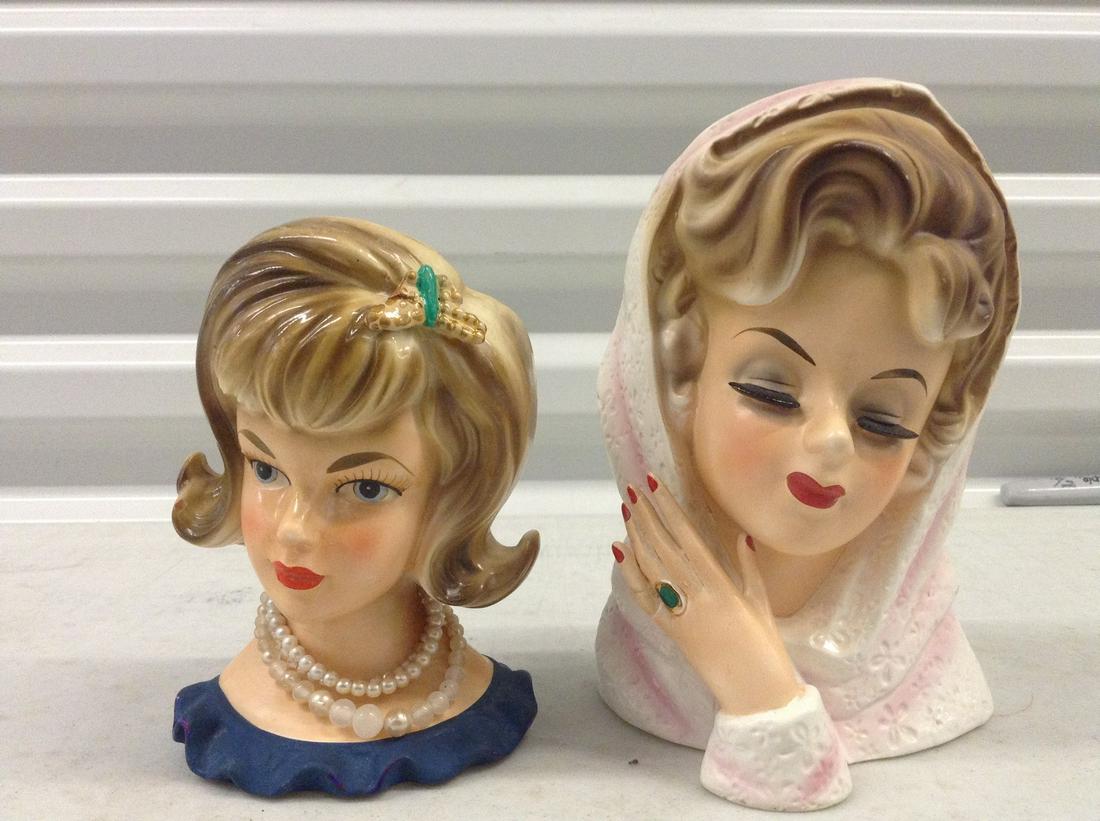 Two Vintage Lady Head Vases - Ea. with Some Repair (1 of 1)