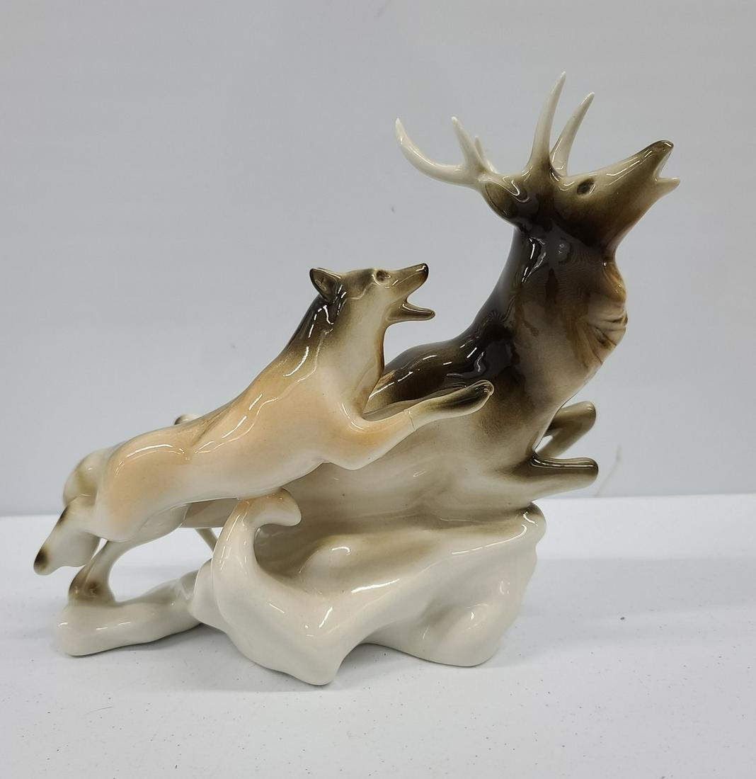 Haindpainted Porcelain Elk & Wolf has leg repair 10x9: Haindpainted Porcelain Elk & Wolf has leg repair 10x9