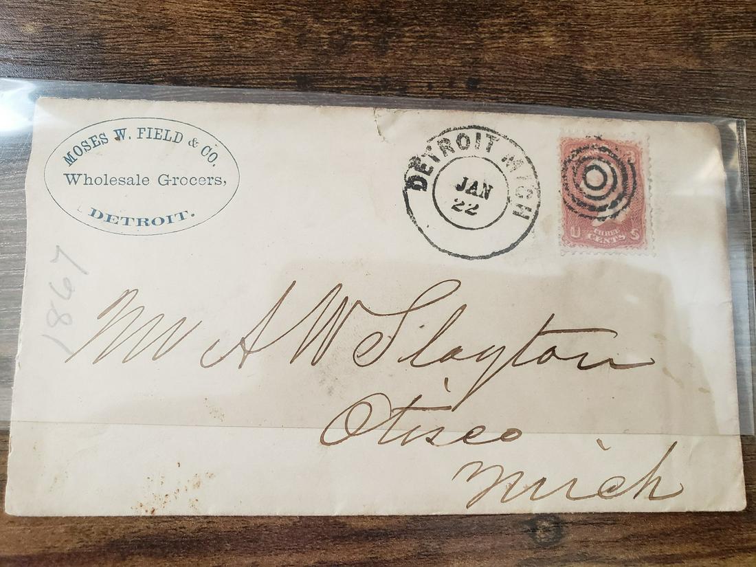 Moses W. Field & Co Wholesale Grocers advertising: Moses W. Field & Co Wholesale Grocers advertising envelope with Washington 3 cent stamp