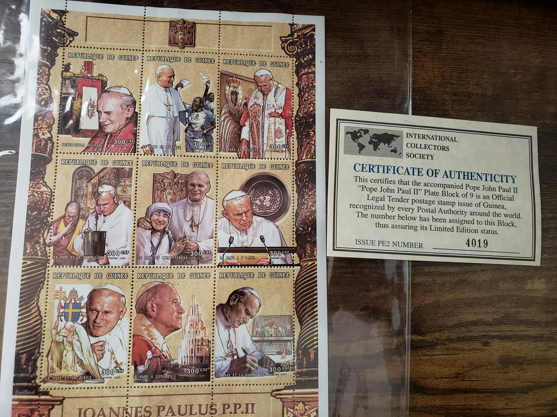 Pope John Paul II plate block of 9 - stamp issue of: Pope John Paul II plate block of 9 - stamp issue of Guinea - with coa