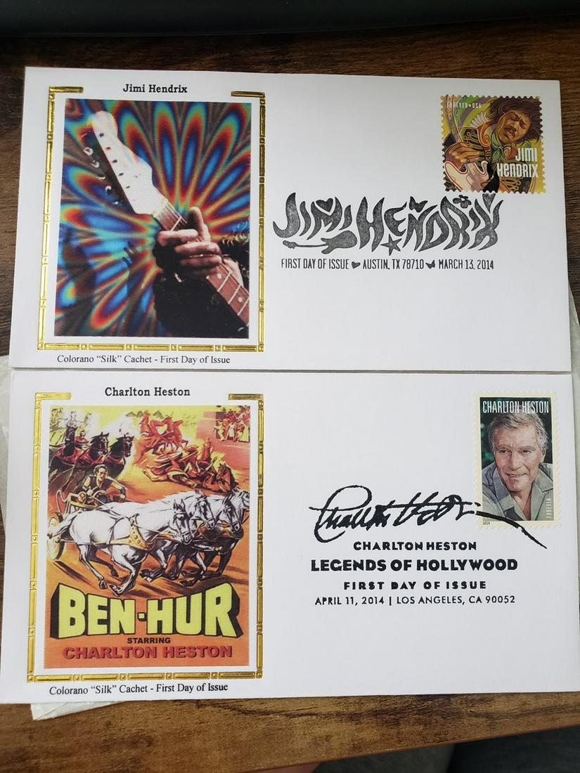 Jimi Hendrix and Charlton Heston Ben-Hur silk first day: Jimi Hendrix and Charlton Heston Ben-Hur silk first day covers