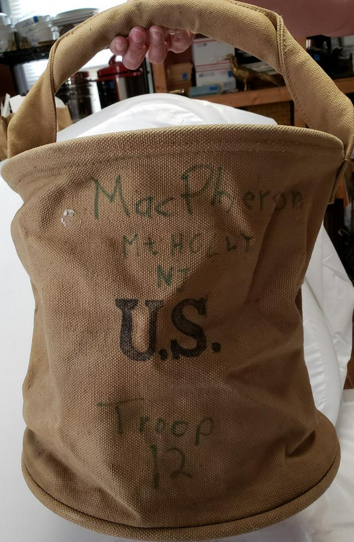 WWII era Canvas Water Bucket USGI Army Green Original: WWII era Canvas Water Bucket USGI Army Green Original Victory 1945 USMC