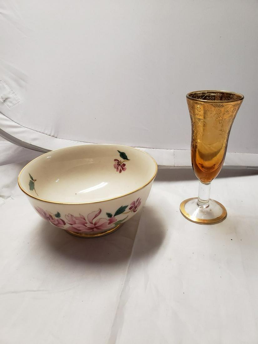 Lenox bowl and orange etched glass mini goblet: Lenox bowl and orange etched glass mini goblet