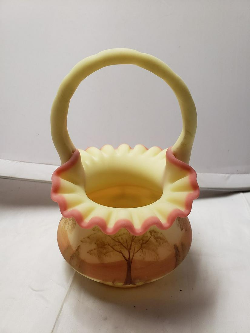 Vintage Fenton Burmese yellow pink art glass ruffled: Vintage Fenton Burmese yellow pink art glass ruffled edge basket