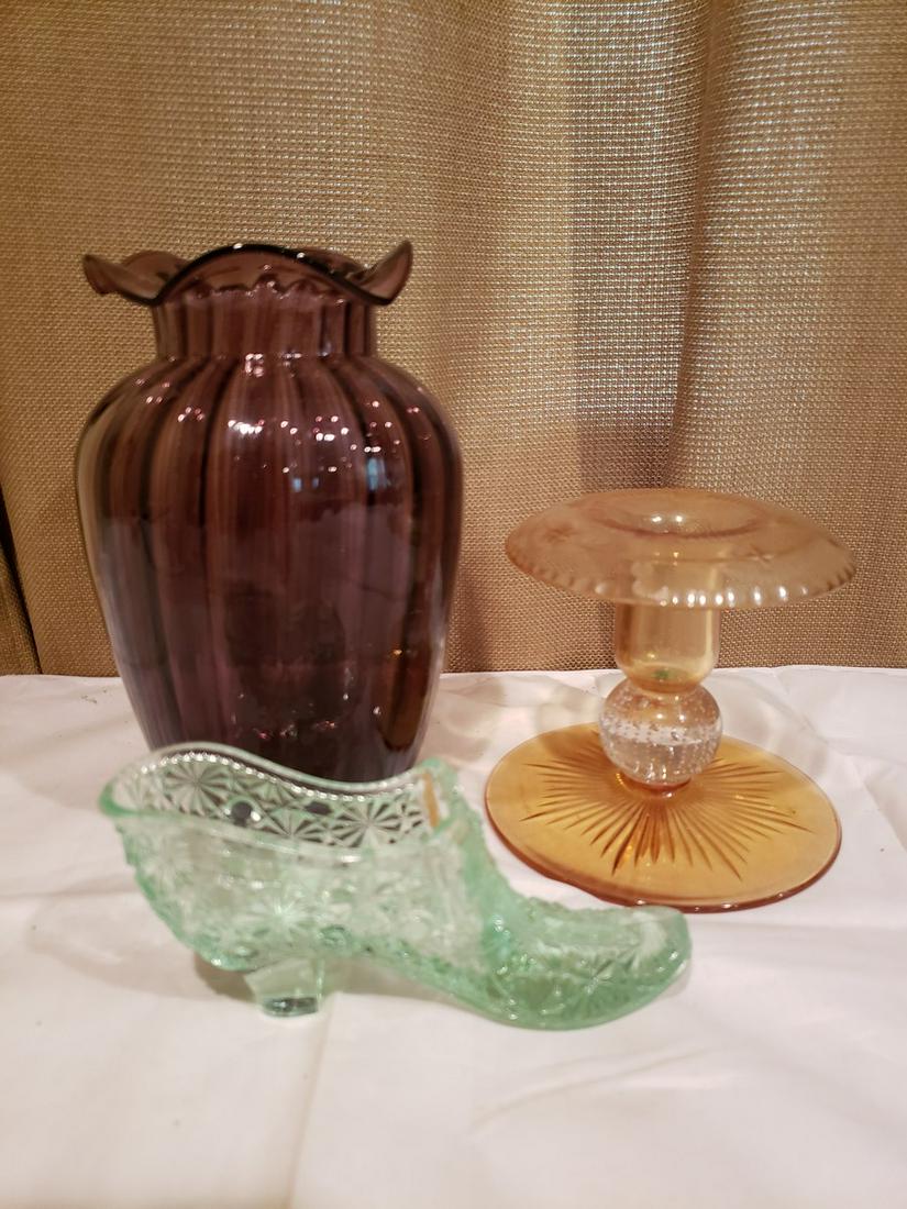 Green Fenton slipper, orange depression glass pedestal (1 of 1)