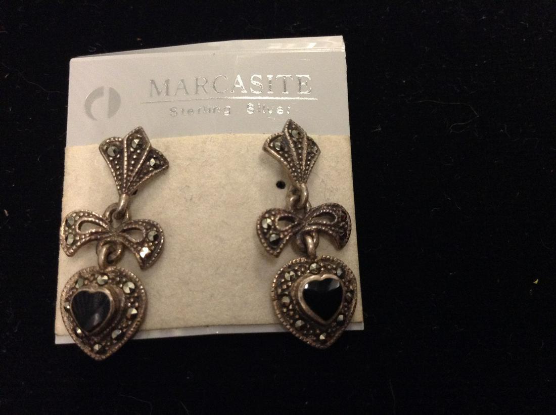 Sterling Marcasite Black Onyx Heart Earrings: Sterling Marcasite Black Onyx Heart Earrings