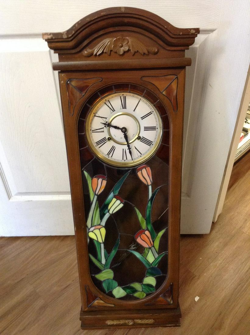 Stained glass and wood 31 day clock 36.5 inch tall (1 of 1)