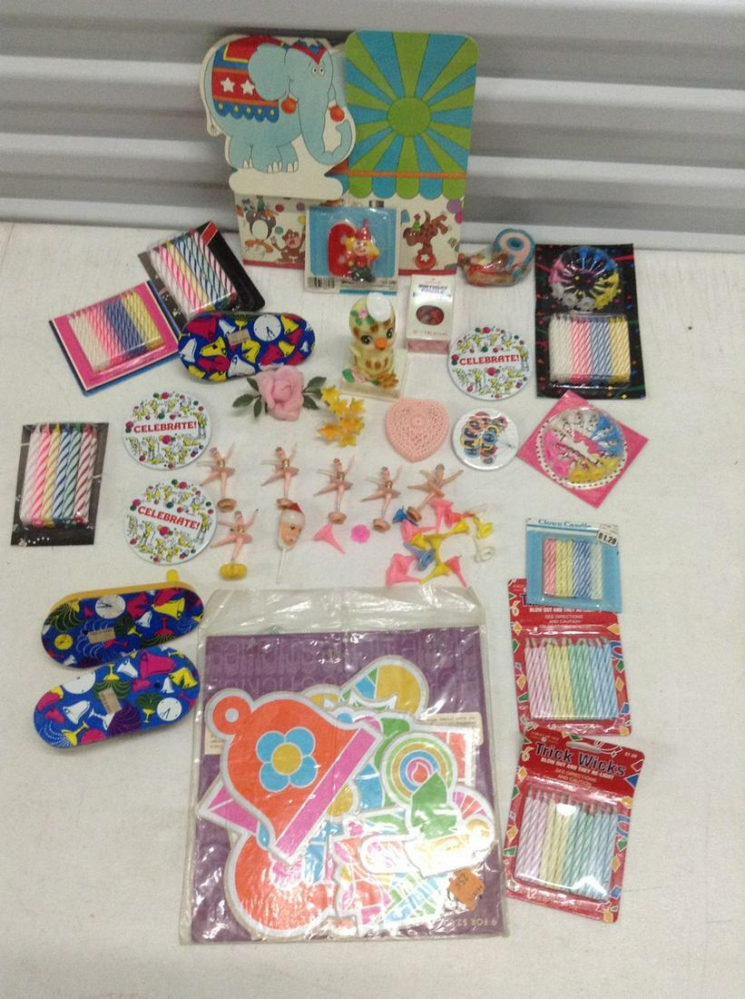 Large lot of Vintage Cupcake toppers, noisemakers,: Large lot of Vintage Cupcake toppers, noisemakers, candles and more