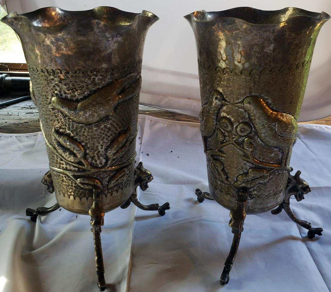 Fine heavy silverplated made in Mexico signed boliviano: Fine heavy silverplated made in Mexico signed boliviano one vase has one bird the other vase has 2 birds and flowers. Weighs approx. 2.5lbs and stands approx. 12" tall