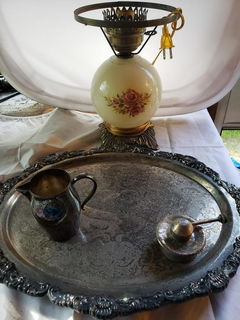 Lot of silverplated kitchenware and brass base oil lamp: Lot of silverplated kitchenware and brass base oil lamp