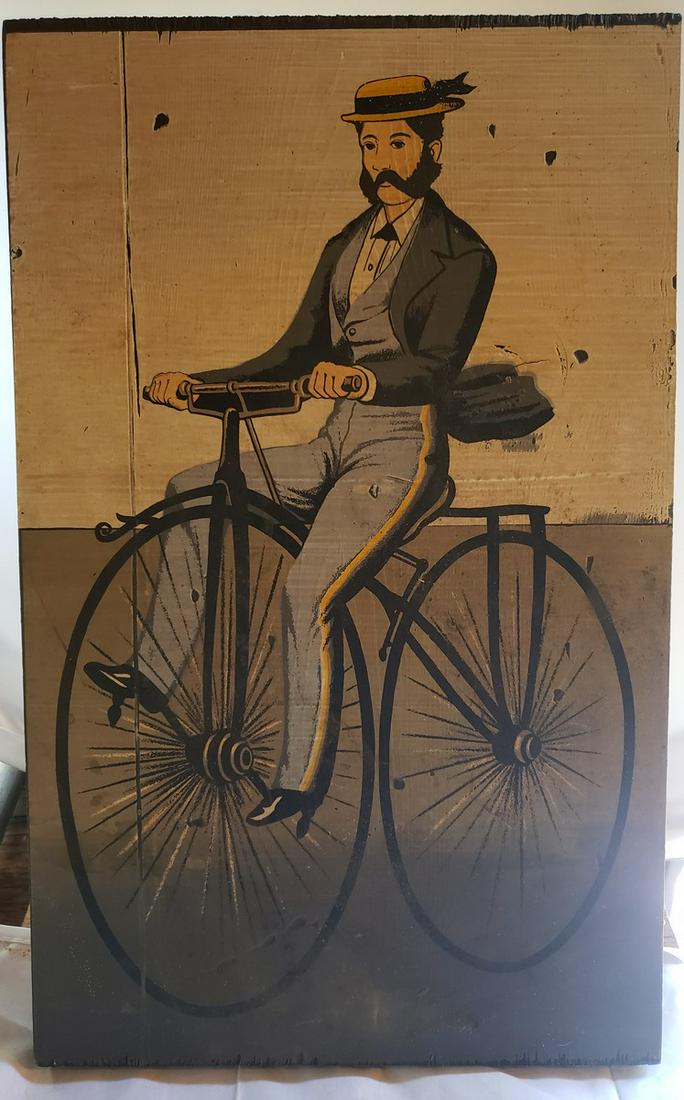 Wooden print artwork man riding two wheel bicycle (1 of 1)