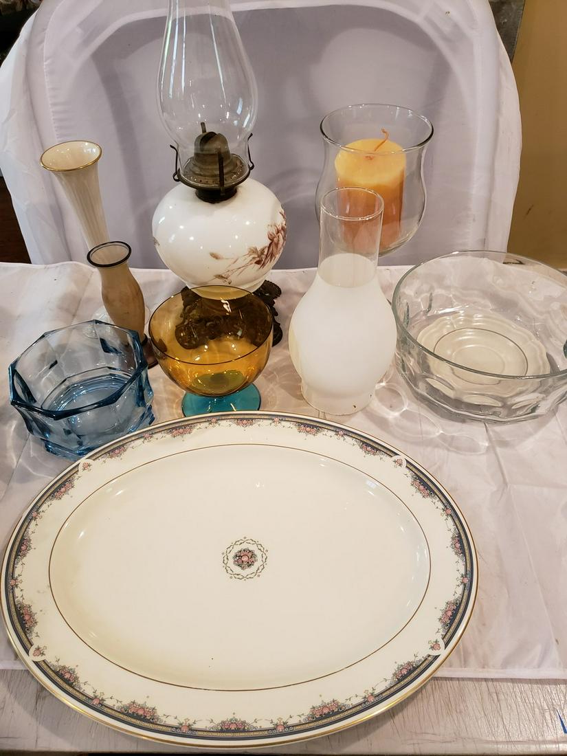 Lot of vintage glass - oil lamp, Lenox vase, and more: Lot of vintage glass - oil lamp, Lenox vase, and more