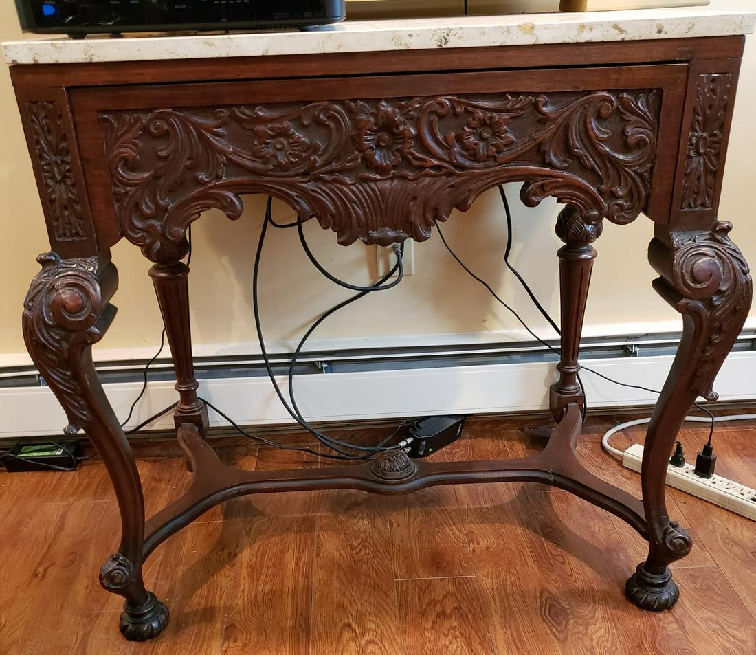Beautiful Victorian carved wooden table with marble top (1 of 1)
