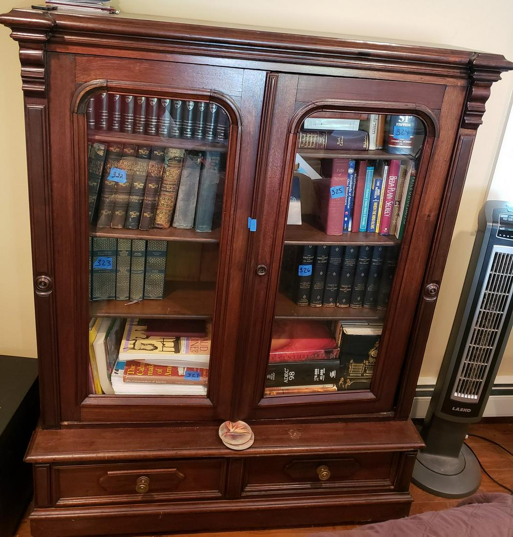 Two drawer with glass and wooden shelves book shelf: Two drawer with glass and wooden shelves book shelf 61"H x 37"L x 15" W contents not included