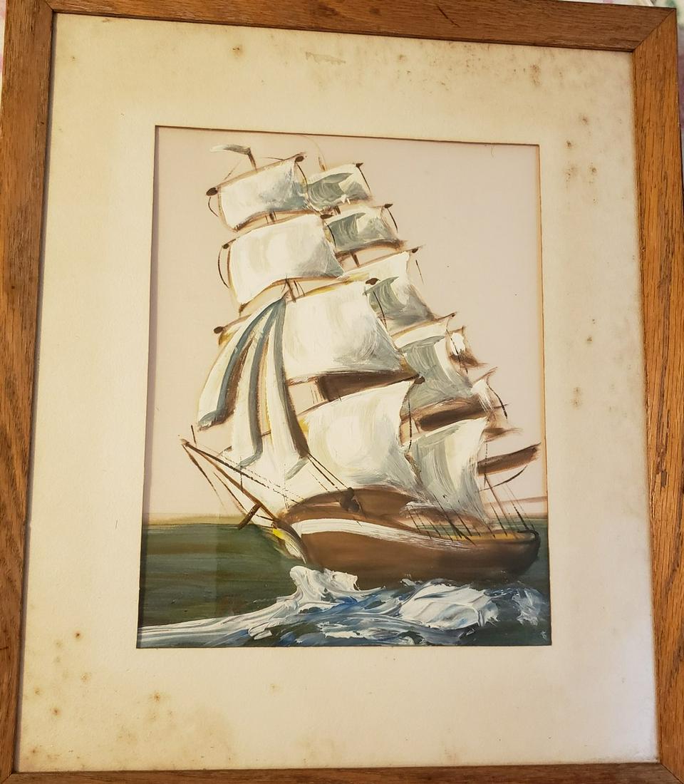 Oil hand painting on Satin Nautical of a sailing tall: Oil hand painting on Satin Nautical of a sailing tall sail racing yacht signed F.B.. 12 x 14"