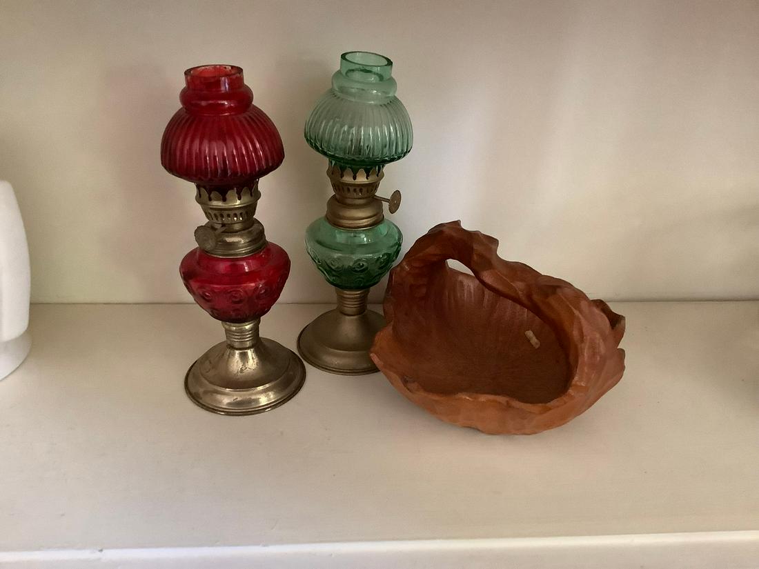 Early oil lamps and hand carved wooden basket (1 of 1)