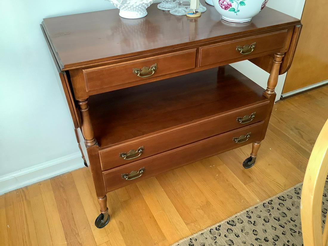 Statton Dovetail Cherry Wood Serving Cart 56" across: Statton Dovetail Cherry Wood Serving Cart 56" across (with leaves) and 33" high