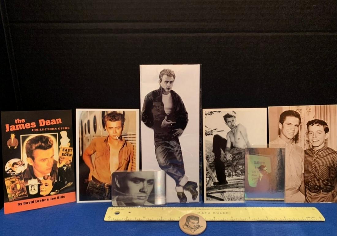 James Dean lot of 8 post card, phone cad hallograms,: James Dean lot of 8 post card, phone cad hallograms, wood coin + more