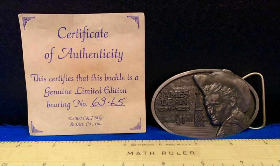 James Dean Belt Buckle, with COA, no. 6345, just over: James Dean Belt Buckle, with COA, no. 6345, just over 4"