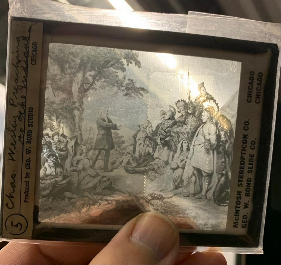 Vintage Glass Slide etching of Chase Wesley preaching: Vintage Glass Slide etching of Chase Wesley preaching to the indians, mcintosh steriopticom