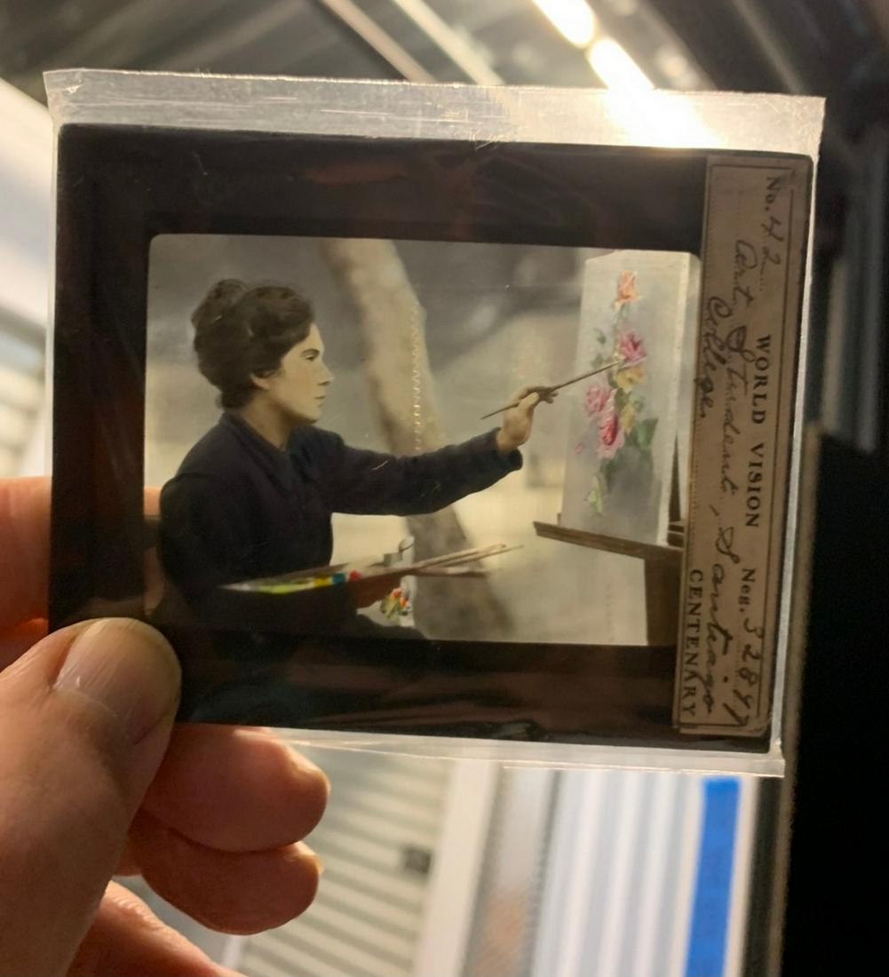 Vintage Glass slide of art student, santiago collage,: Vintage Glass slide of art student, santiago collage, colorized glass magic lanterin slide