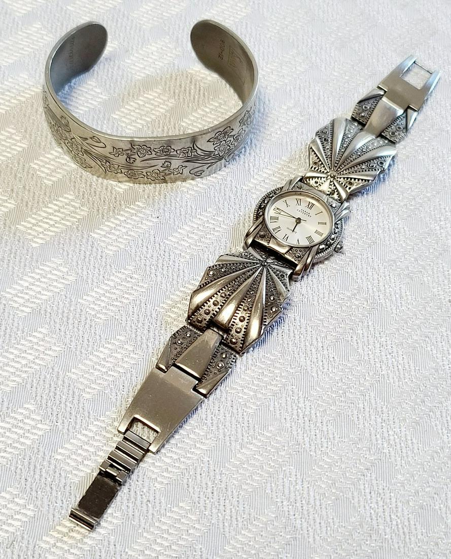 Vtg Pewter Cuff & Marcasite Watch: Vtg Pewter Cuff & Marcasite Watch