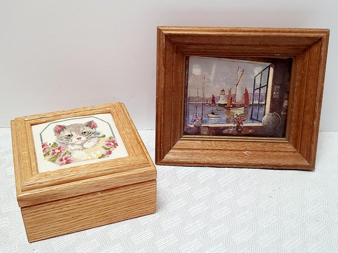 Vtg Cat Trinket Box & Art: Vtg Cat Trinket Box & Art
