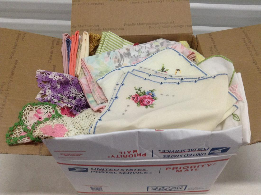 Box full of vintage linens: Box full of vintage linens