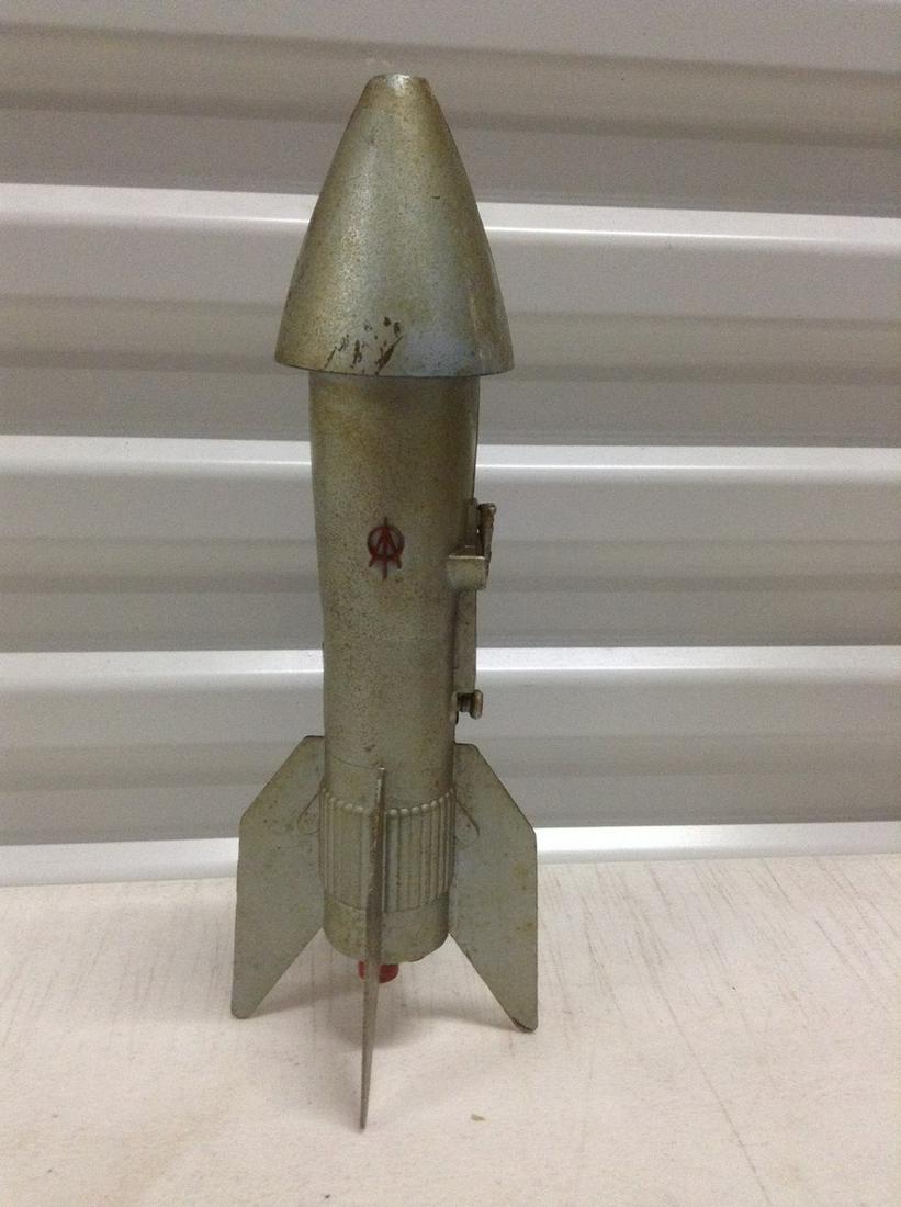 Metal Astro Mfg. Mechanical Rocketship Bank with Coins (1 of 1)