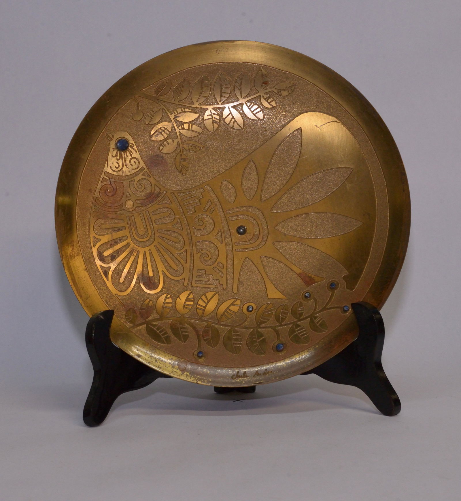 Vintage metal decorative bird plate with 7 gemstones (1 of 1)