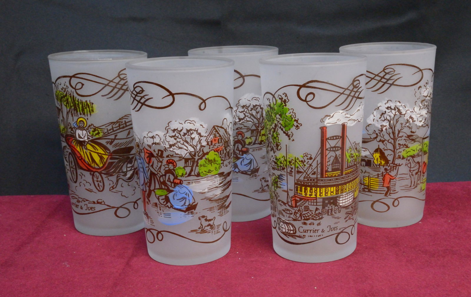 Currier & Ives Set of 5 Handpainted Frosted Glasses (1 of 1)