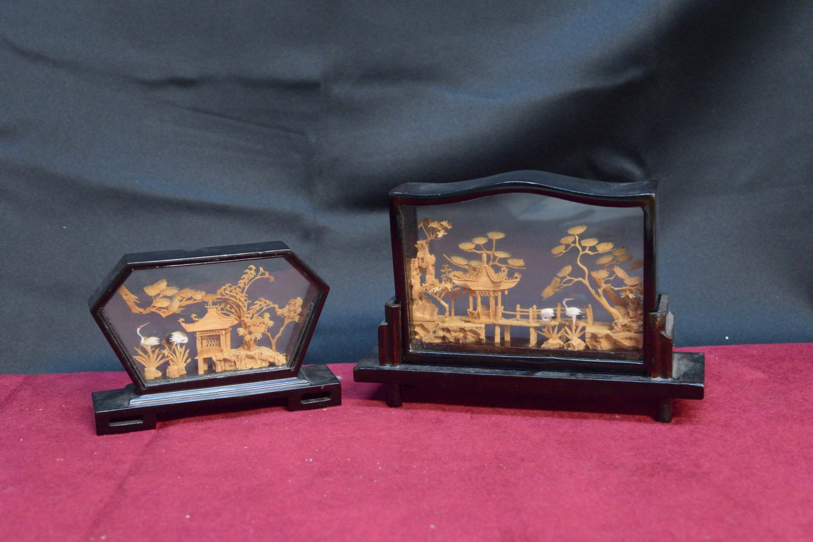 Pair of Fujian Chinese cork pictures: Smaller is 4.5"x3"x1.25" Larger is 6.5"x4.5"x1.75"
