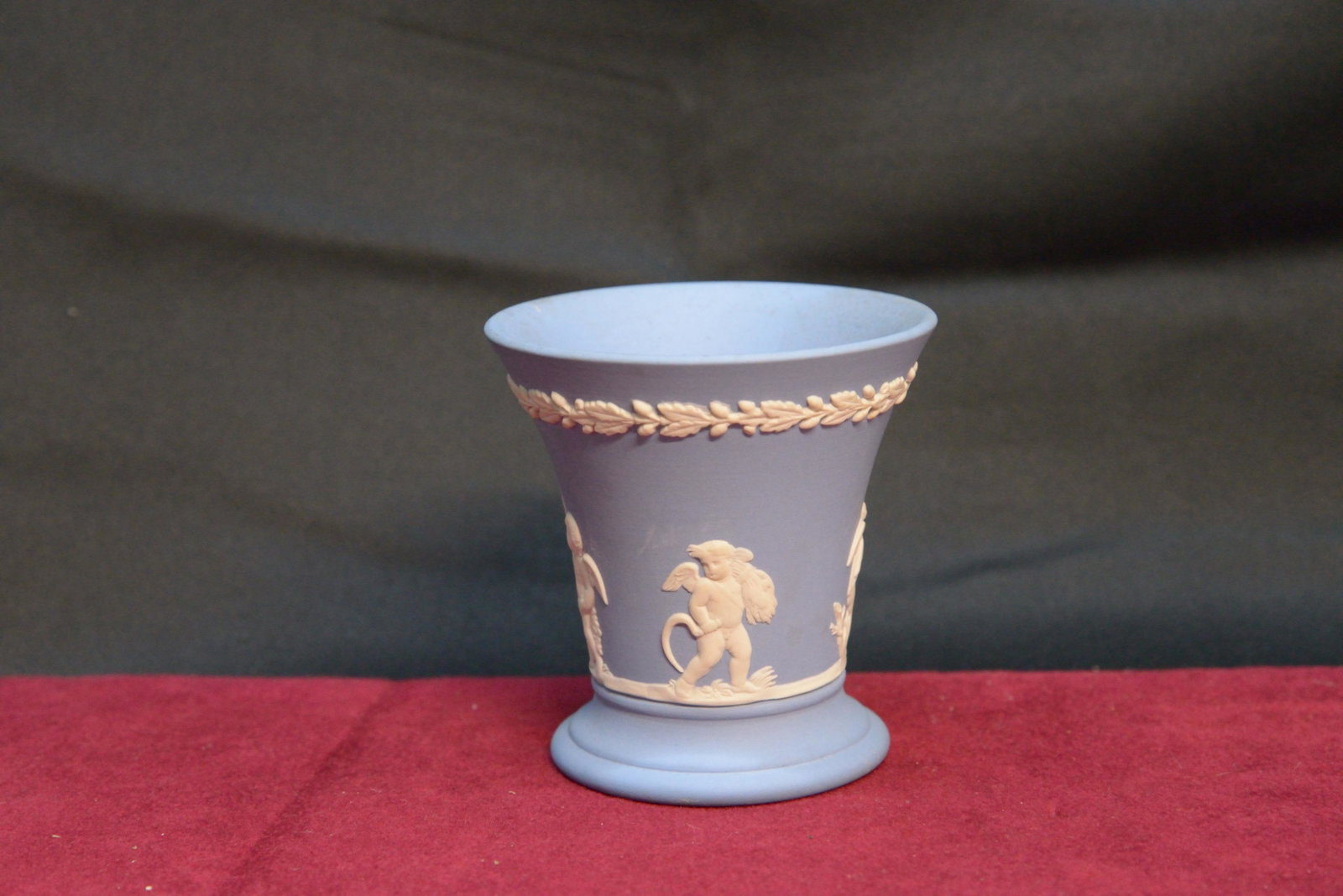 Vintage Wedgwood Blue Jasperware Grecian Cherubs Scene: Vintage Wedgwood Blue Jasperware Grecian Cherubs Scene Trumpet Flared Vase 3.5" tall