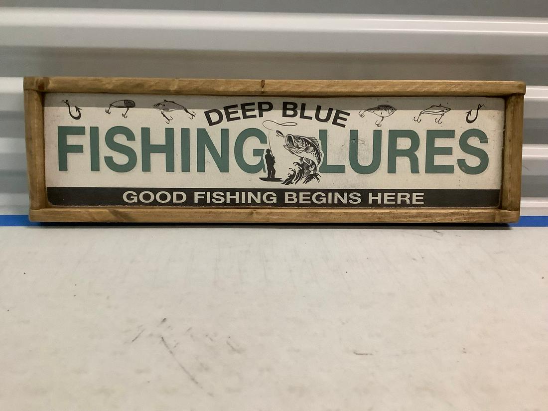 deep blue fishing lures wooden sign 25x7: deep blue fishing lures wooden sign 25x7