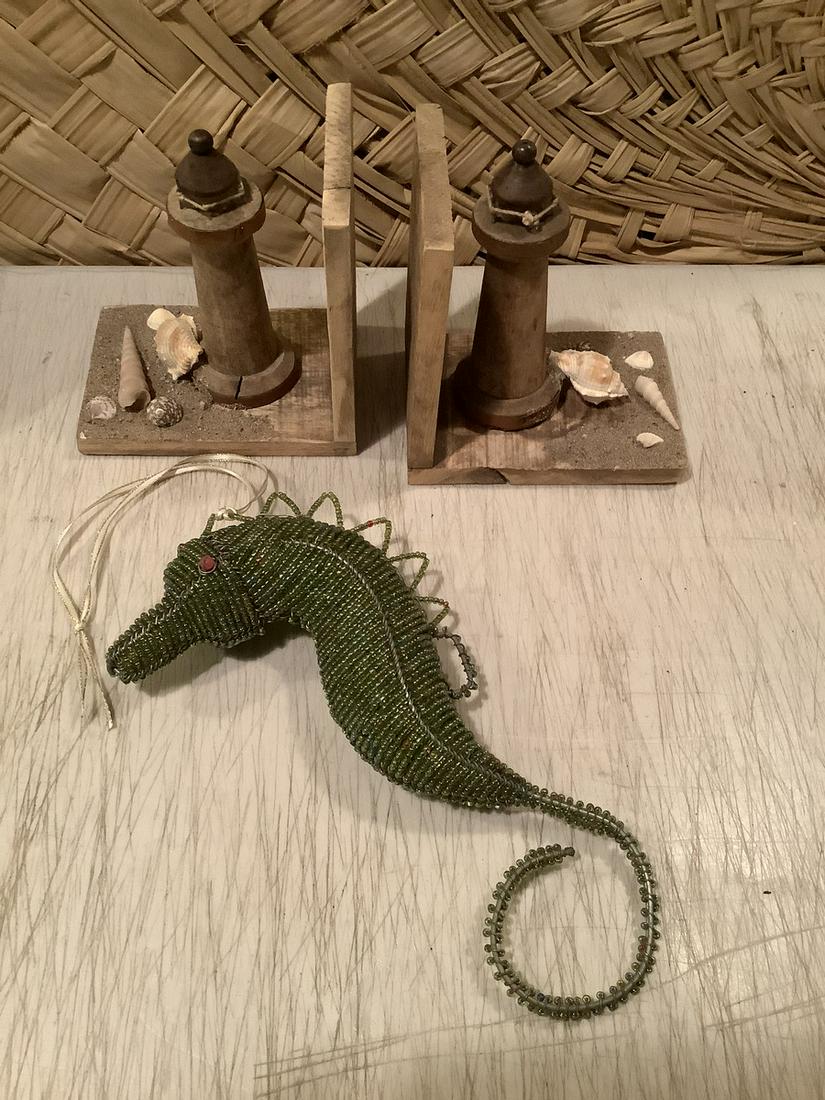 Large Beaded Seahorse and Wooden Lighthouse Bookends: Large Beaded Seahorse and Wooden Lighthouse Bookends