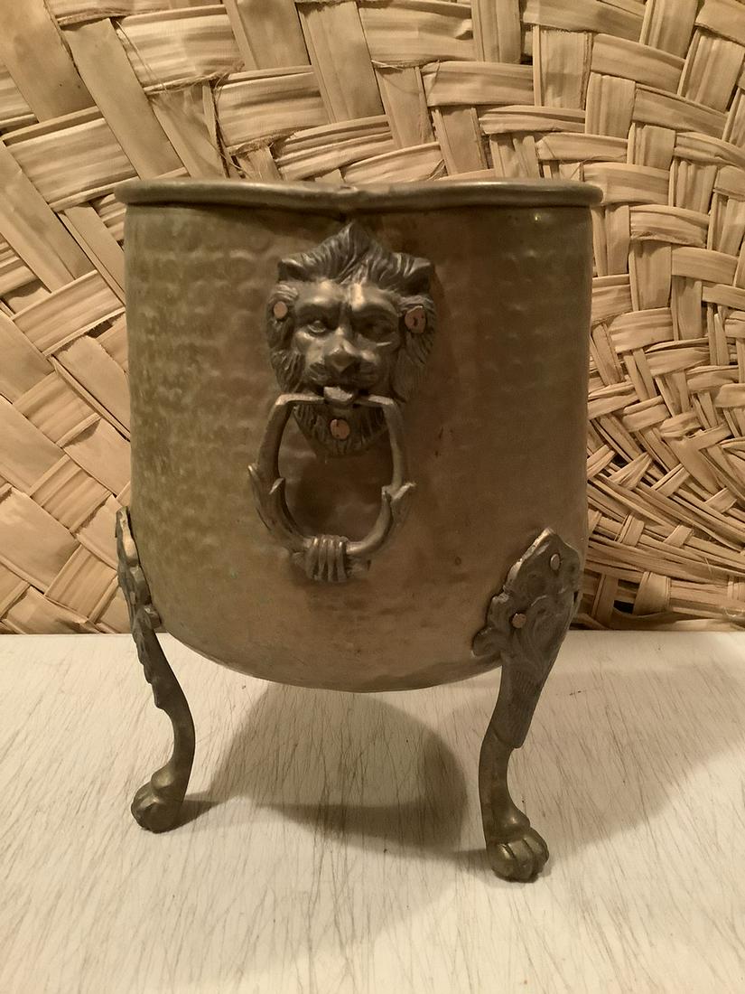 Brass Lion Head Footed Planter 9" tall (1 of 1)